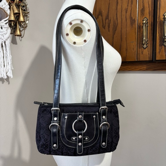 Source Unknown Handbags - 90s Vintage Black Faux Leather Small Studded Fabric Shoulder Bag Purse iPod